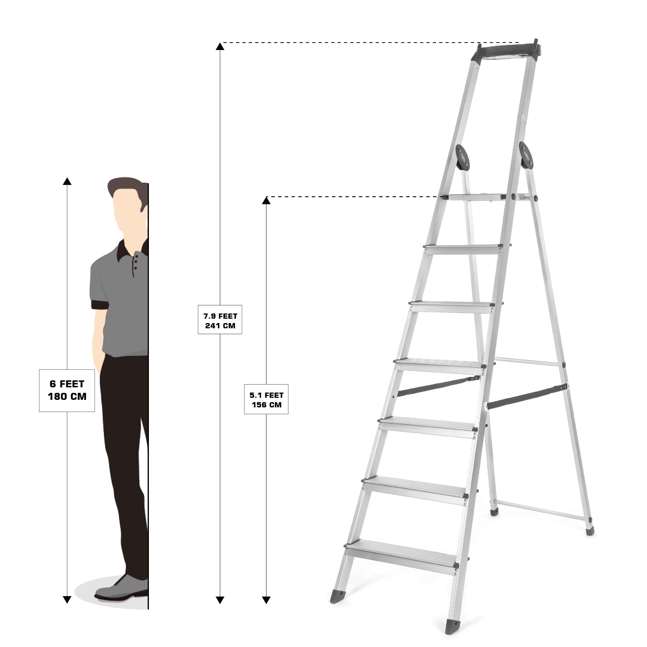Bathla Elevate 7-Step Foldable Aluminium Ladder For Home with Tool Tray (Black)