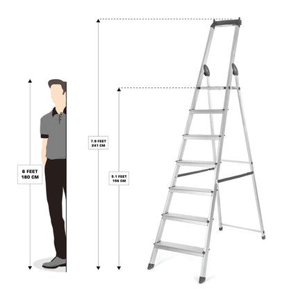 Bathla Elevate 7-Step Foldable Aluminium Ladder For Home with Tool Tray (Black)