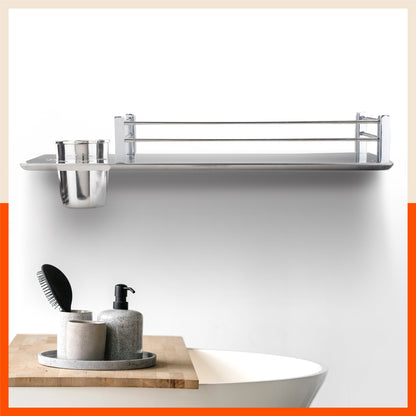 Altair Stainless Steel Bathroom Shelf with Steel Tumbler and Toothbrush Holder Grooves For Home