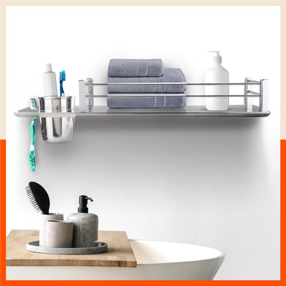Altair Stainless Steel Bathroom Shelf with Steel Tumbler and Toothbrush Holder Grooves For Home
