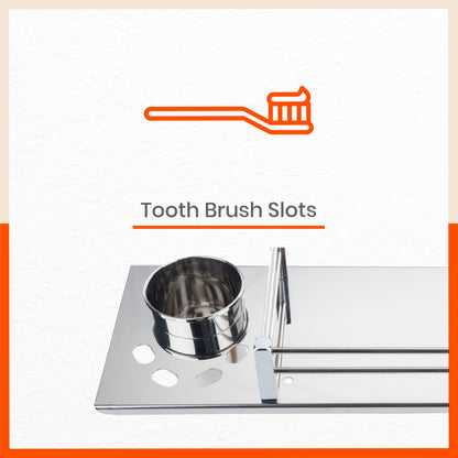 Altair Stainless Steel Bathroom Shelf with Steel Tumbler and Toothbrush Holder Grooves For Home