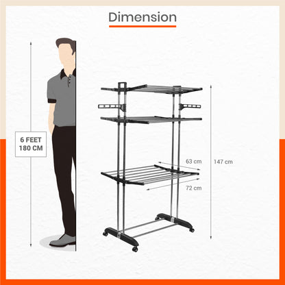 Bathla Mobidry Terra 3 Level Stainless Steel Modular Cloth Drying Stand For Home ( Black - Large)