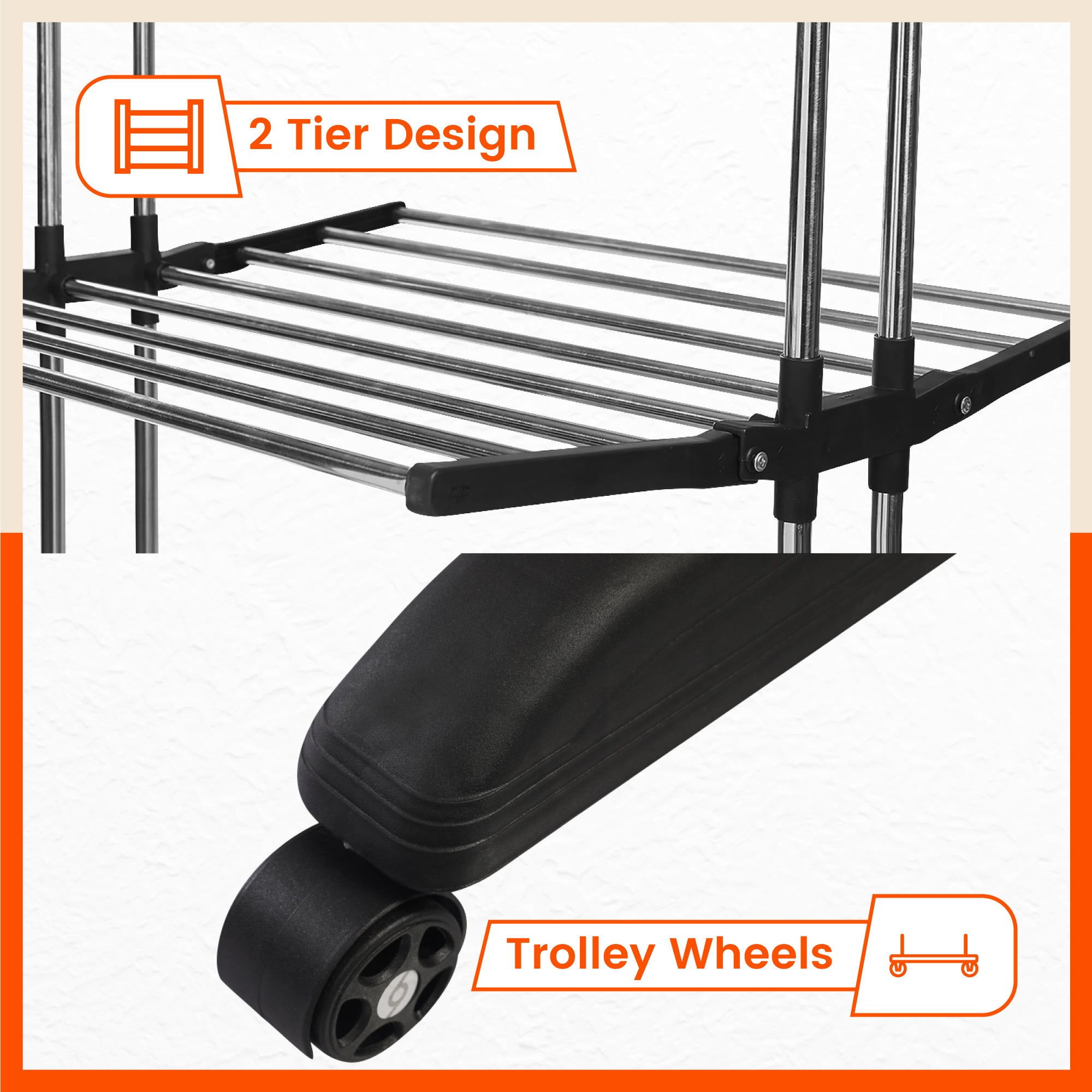 Bathla Mobidry Terra 2 Level Stainless Steel Modular Cloth Drying Stand For Home (Black - Medium)