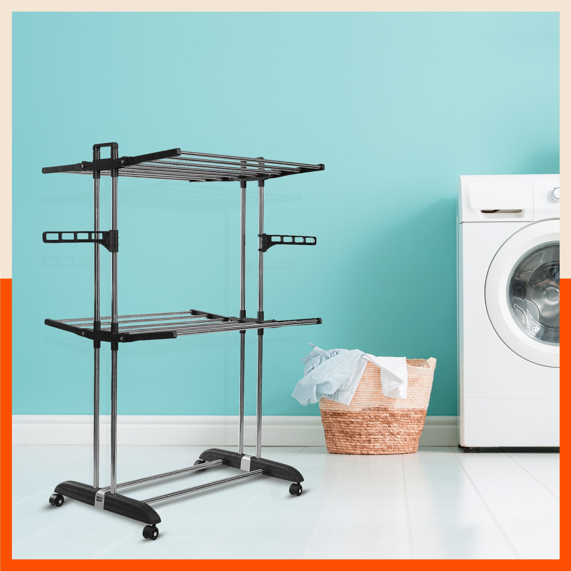 Bathla Mobidry Terra 2 Level Stainless Steel Modular Cloth Drying Stand For Home (Black - Medium)