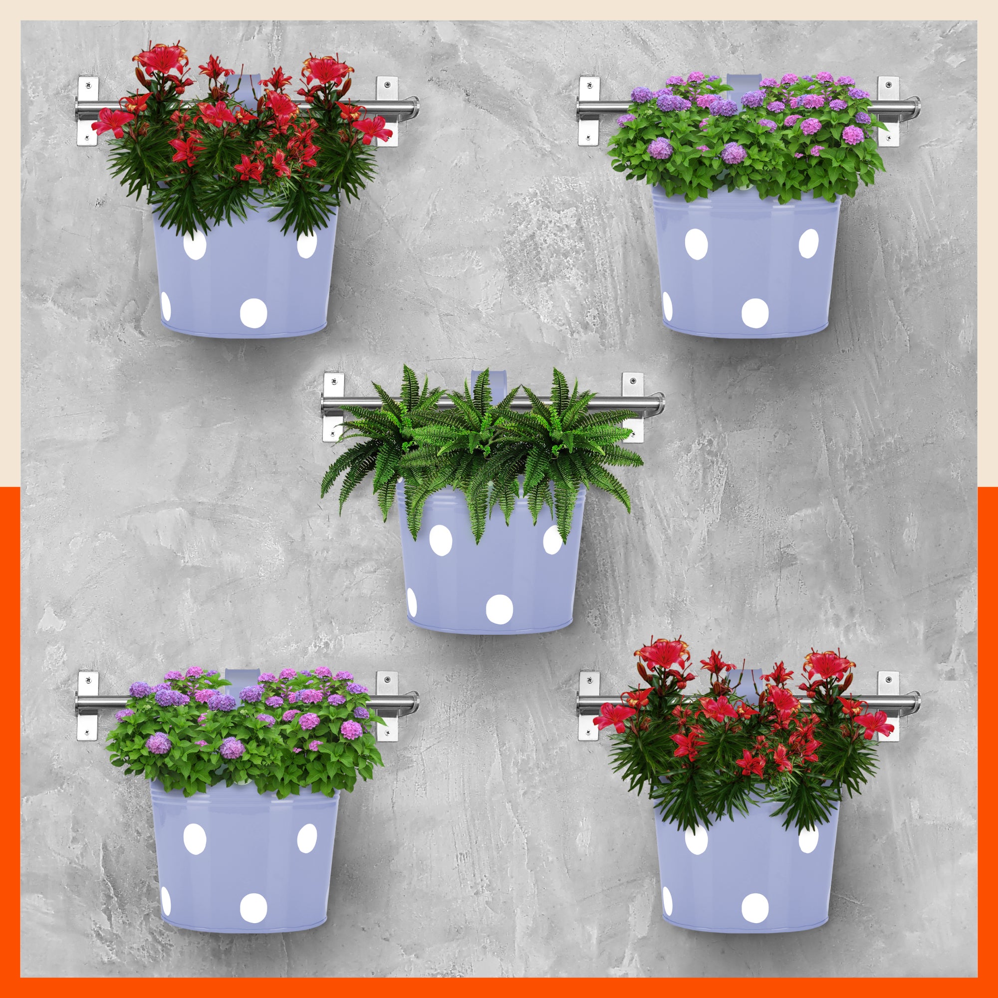 RUI Hanging Metal Pot Holders / Planters for Home / Balcony / Garden | Baby Blue - Set of 5