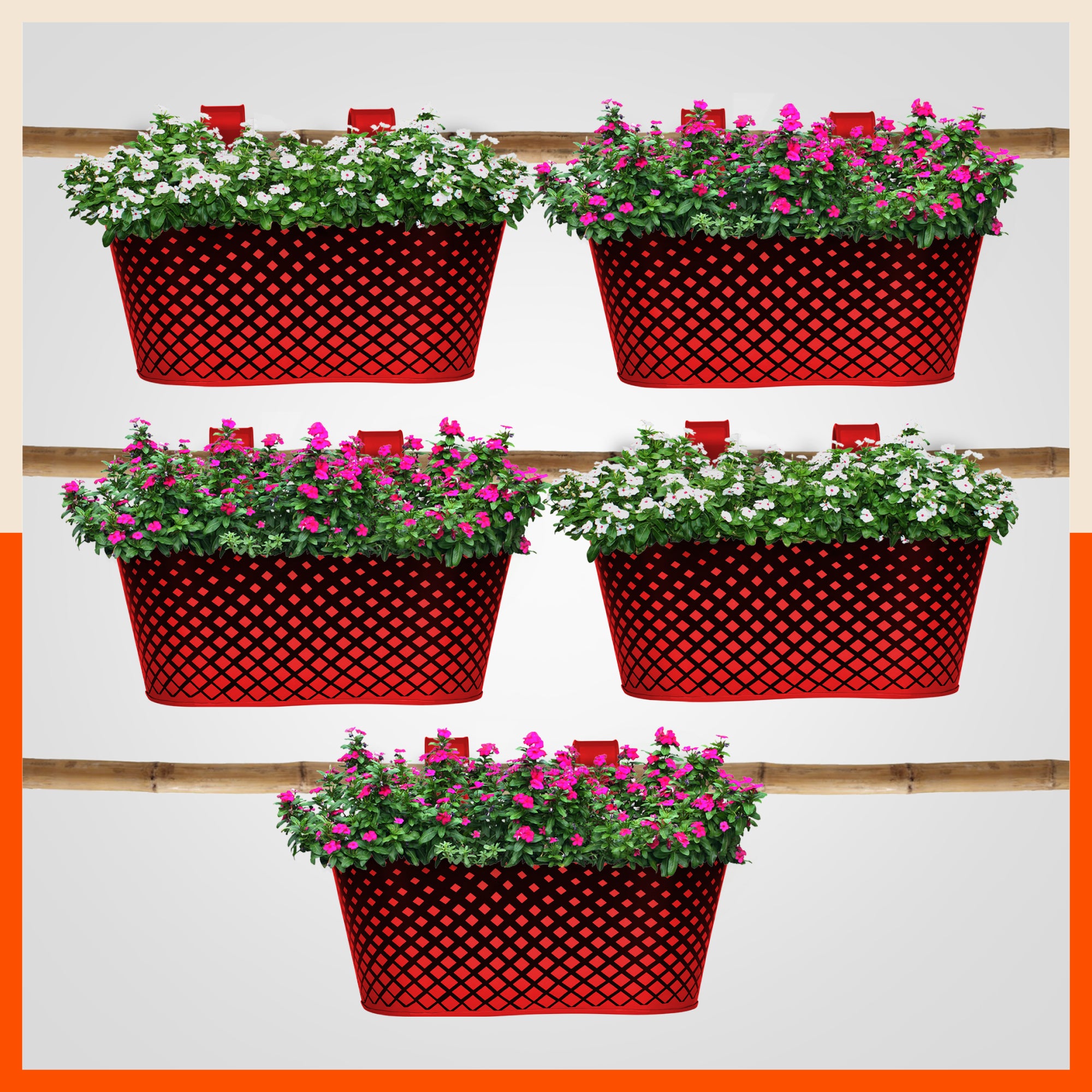 DIA Hanging Metal Pot Holders / Planters for Home / Balcony / Garden | Red - Set of 5