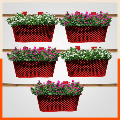 DIA Hanging Metal Pot Holders / Planters for Home / Balcony / Garden | Red - Set of 5