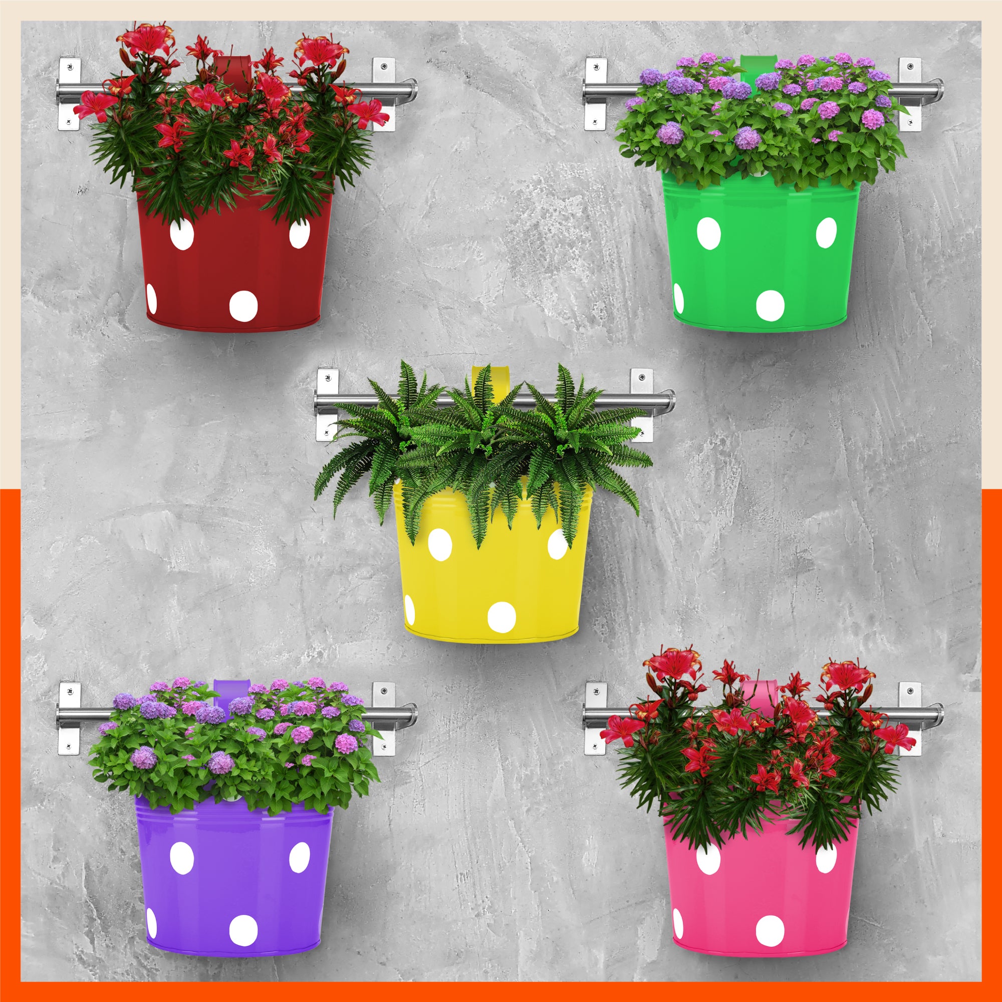 RUI Hanging Metal Pot Holders / Planters for Home / Balcony / Garden | Summer Hues - Set of 5