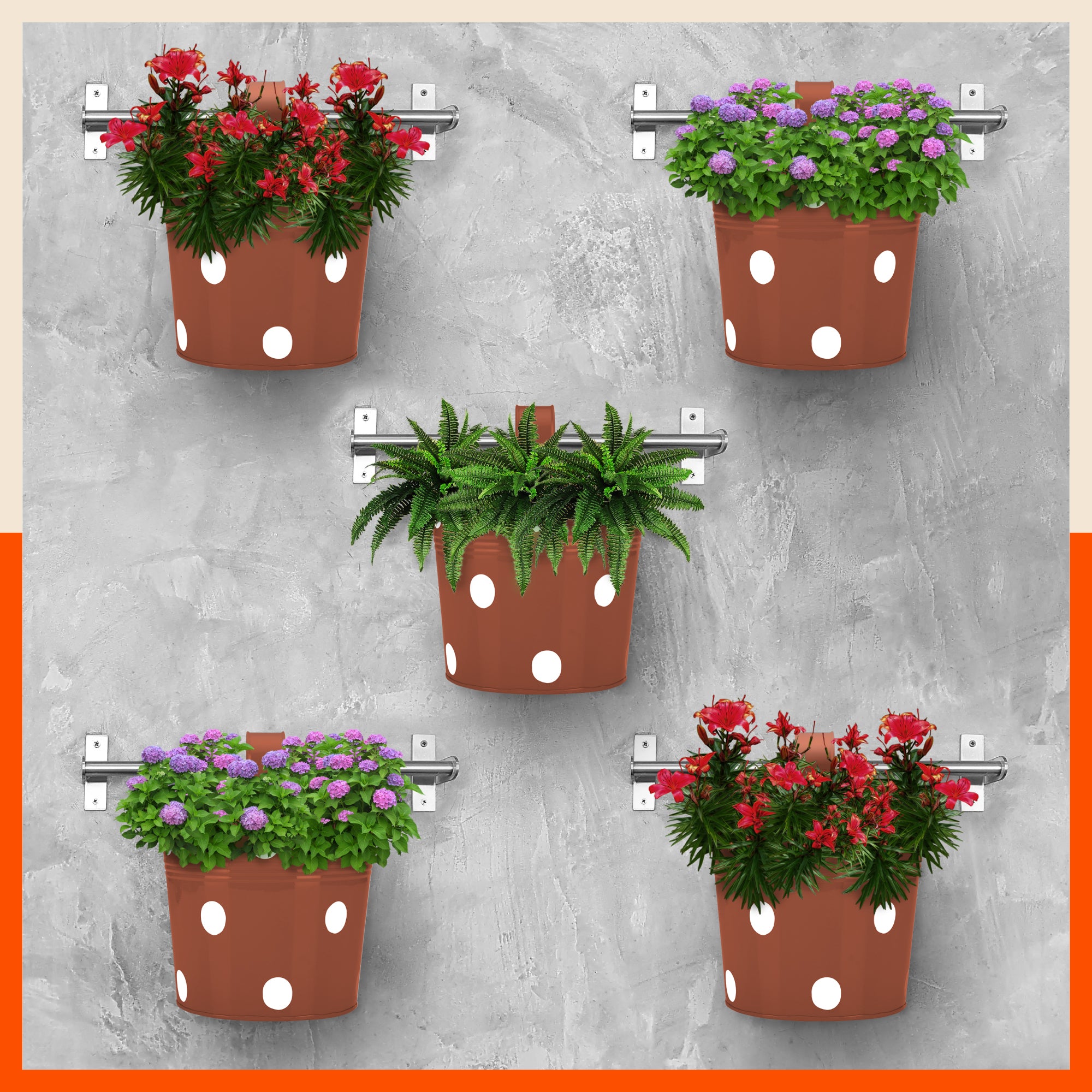 RUI Hanging Metal Pot Holders / Planters for Home / Balcony / Garden | Terra - Set of 5