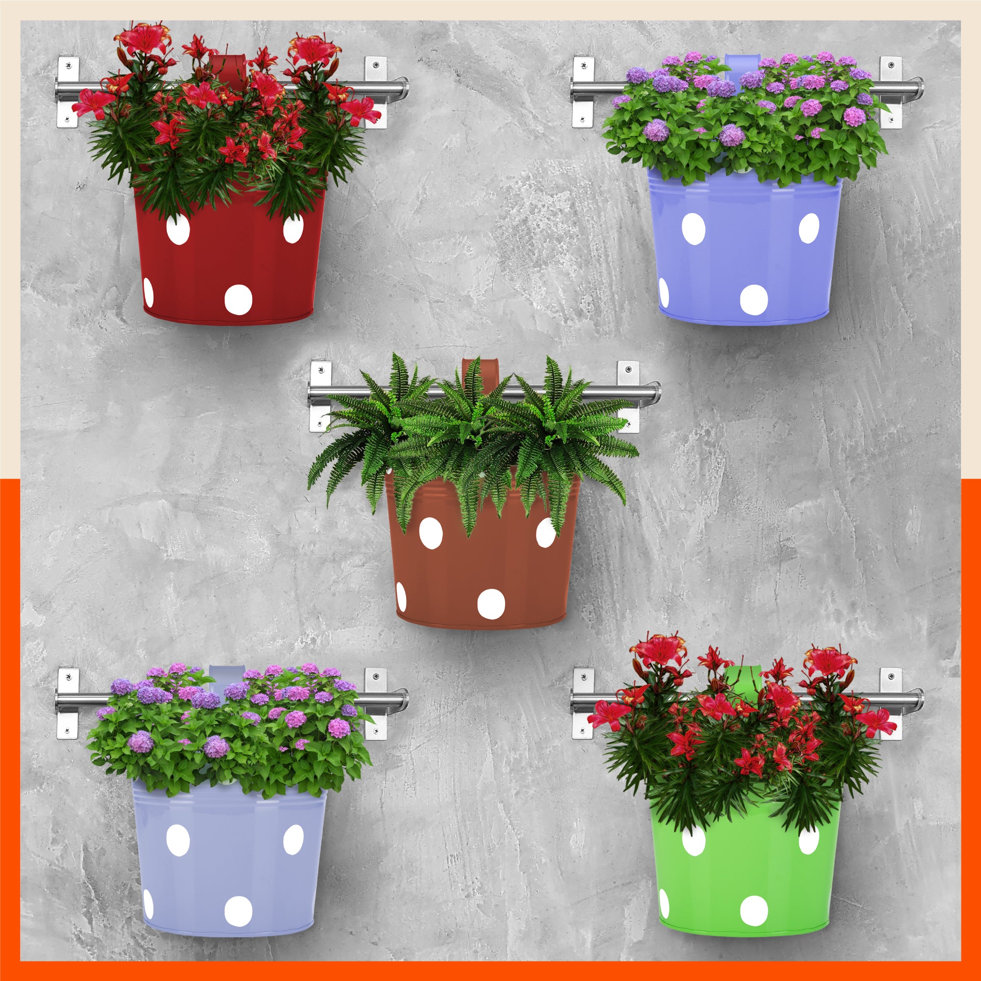 RUI Hanging Metal Pot Holders / Planters for Home / Balcony / Garden | Urban Summer - Set of 5