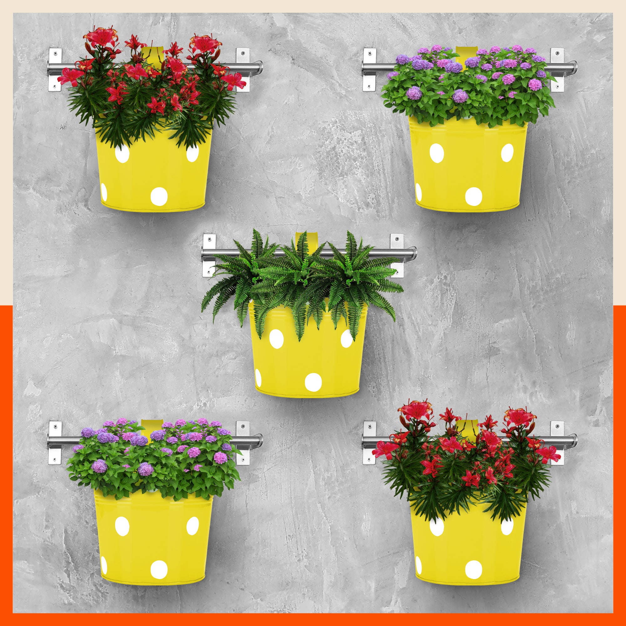 RUI Hanging Metal Pot Holders / Planters for Home / Balcony / Garden | Yellow - Set of 5