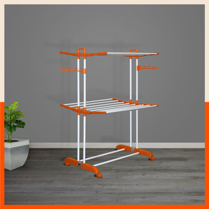 Bathla Mobidry Terra 2 Level Steel Modular Cloth Drying Stand For Home (Orange - Medium) Made in India