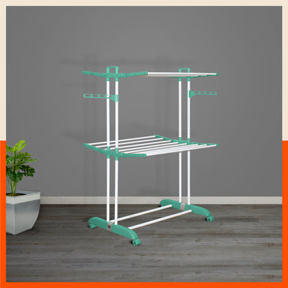 Bathla Mobidry Terra 2 Level Steel Modular Cloth Drying Stand For Home (Teal - Medium) Made in India
