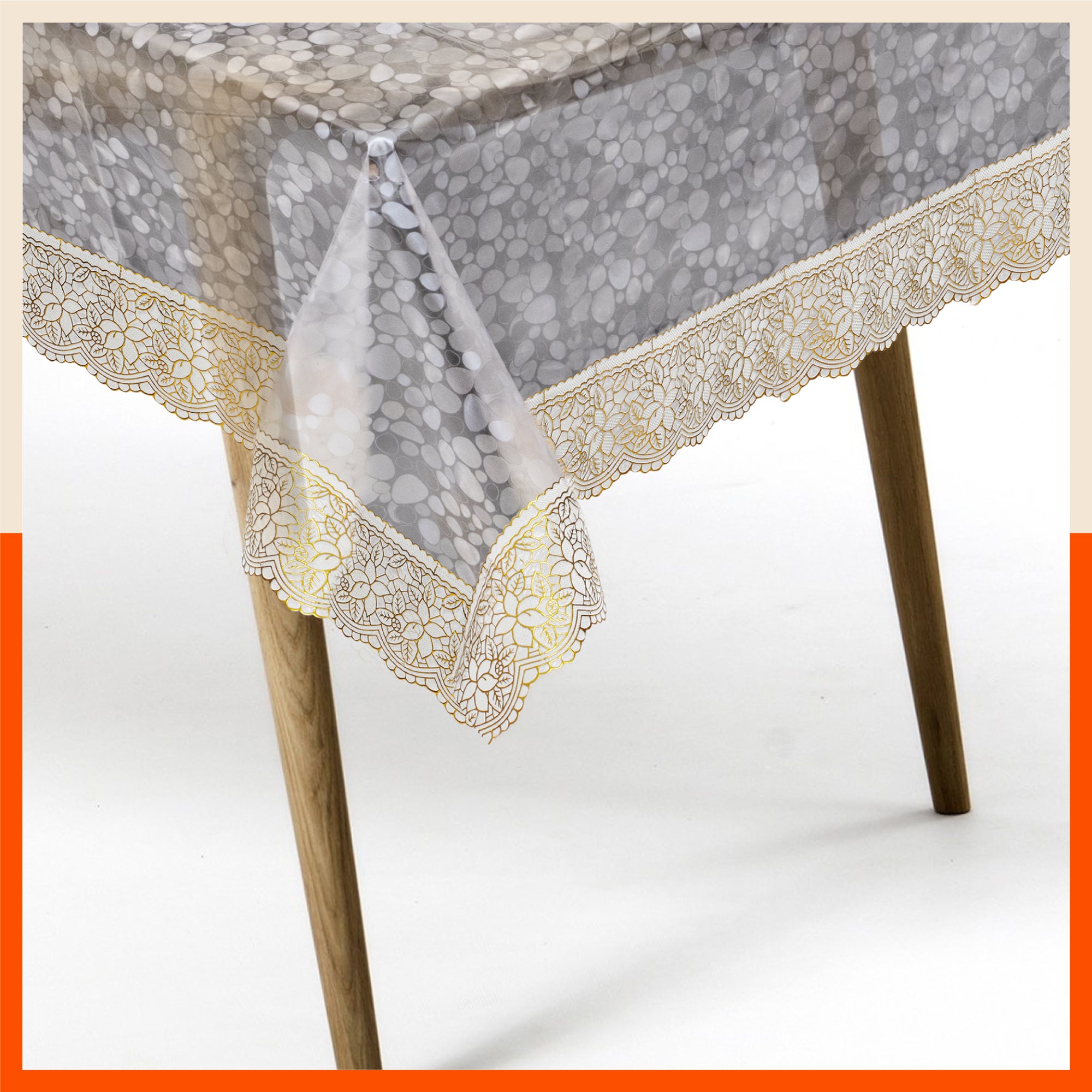 Aurum Plastic Table Cover with Golden Lace for Dining Table at Home - Circular - 60" | Pebbles