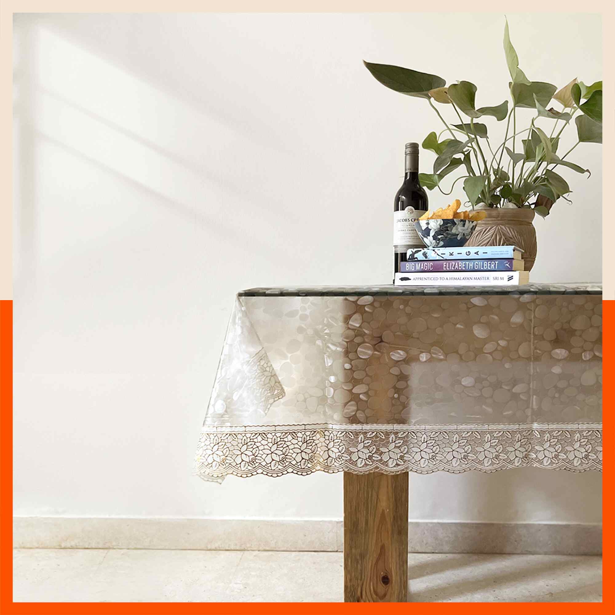 Albus Plastic Table Cover with White Lace for Dining Table at Home - Circular - 78" | Pebbles